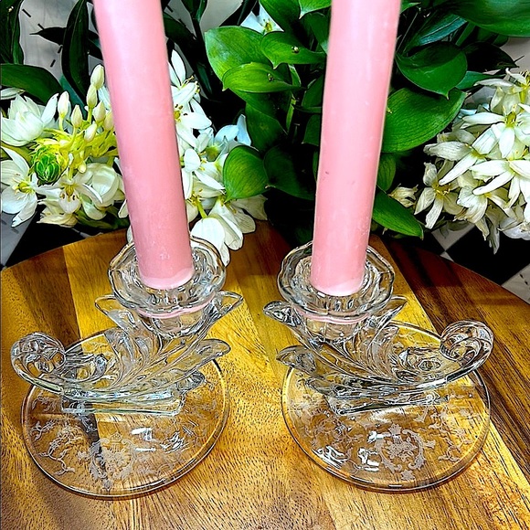 Vintage Fostoria Baroque Etched Candle Holders| Depression Glass| Midcentury - Picture 7 of 13